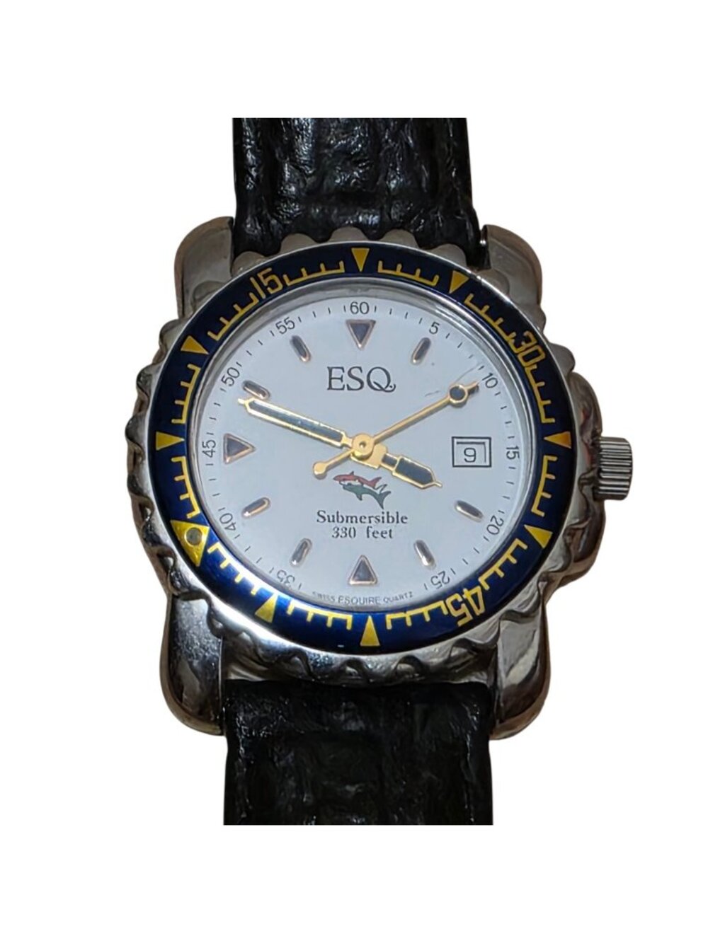 Vtg Esq Esquire Sprite Submersible 330 Feet Date Watch With Black Leather Band